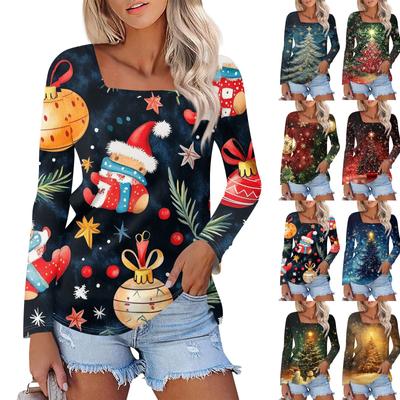 Женская модная повседневная рубашка с длинными рукавами и рождественским принтом с квадратным вырезом и длинными рукавами