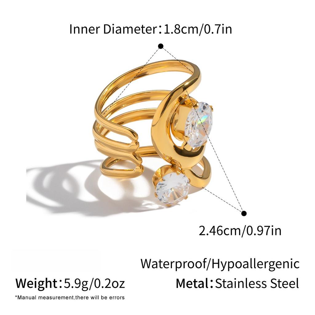 Yori Simple Line Design Open Ring for Women Golden Plated Cubic Zirconia Stainless Steel Finger Jewelry New Arrivals
