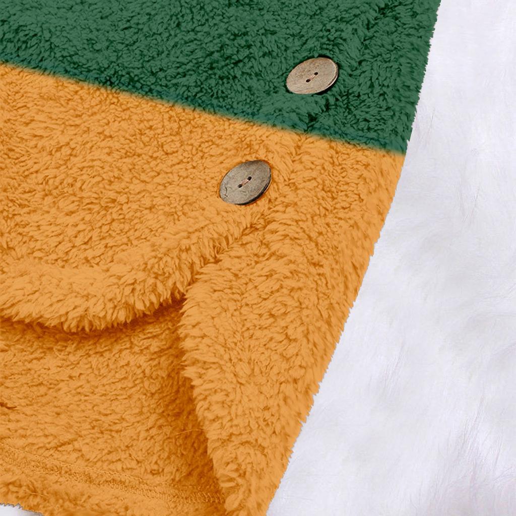 Women Plus Size Button Plush Tops Hooded Patchwork Loose Cardigan Wool Coat Winter Jacket