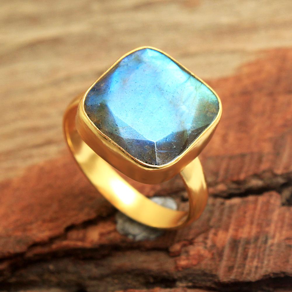 Позолоченное кольцо с лабрадоритом, массивное ювелирное изделие ручной работы из стерлингового серебра 925 пробы, эффектное кольцо