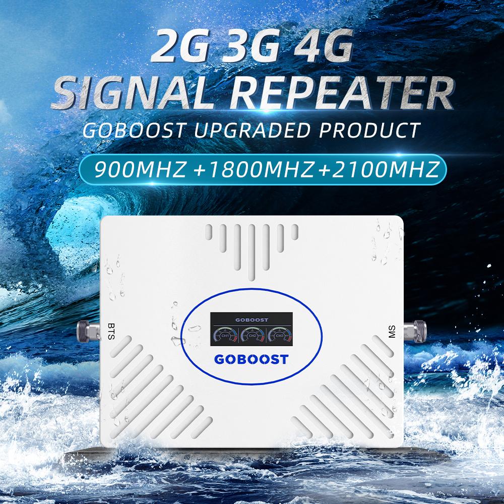 GOBOOST Новый модернизированный трехдиапазонный усилитель сигнала с высоким коэффициентом усиления 70 дБ 2G + 3G + 4G Усилитель сотовой связи 850 900 1800 2100 МГц Ретранслятор мобильной сети с комплектом антенны