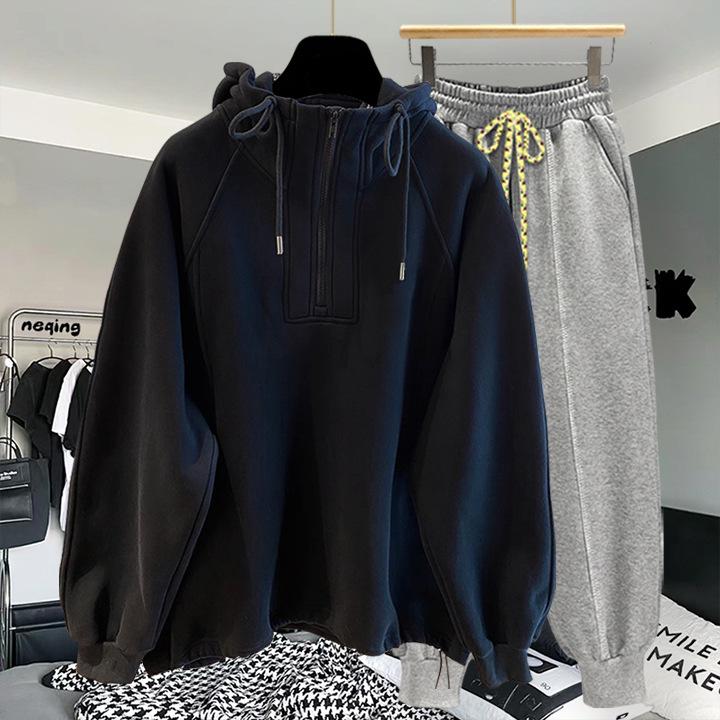 Высококачественный oversized худи с молнией до середины - Однотонный, дышащий, пэчворк-дизайн для весны и осени