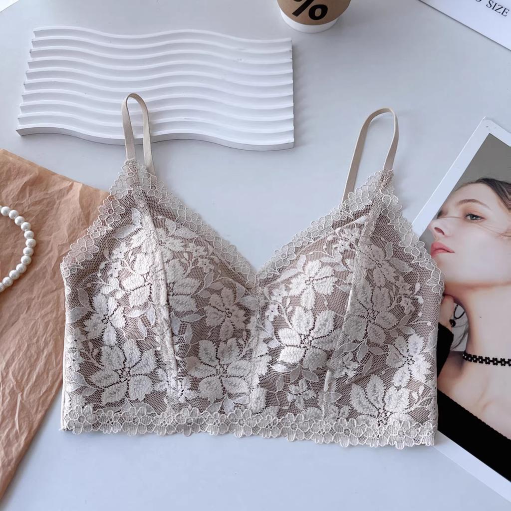 Sexy pure lace beautiful back chest wrap women's fixed cup gathering underwear without steel ring bra short suspender vest tide