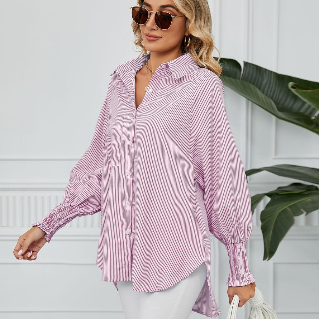 YYFS Женские модные повседневные весенне-осенние рубашки-поло с длинным рукавом и принтом в полоску, блузки и рубашки