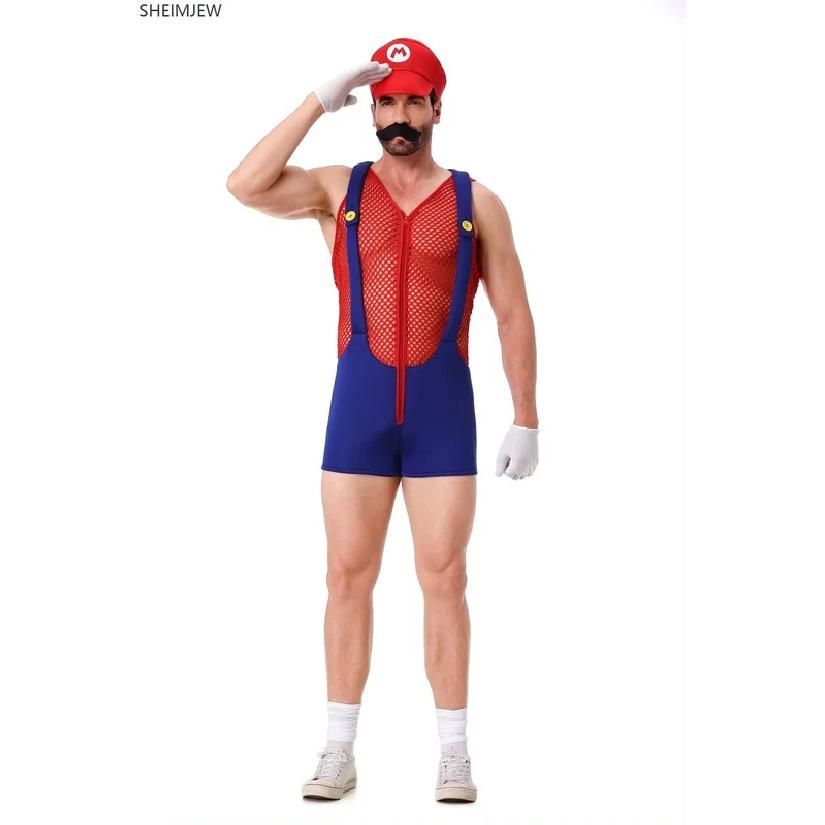Men Funny Plumber Brother Cosplay Jumpsuits With Hat Halloween Adult Sexy Anime Role Play Disguise Carnival Party Stage Dress Up