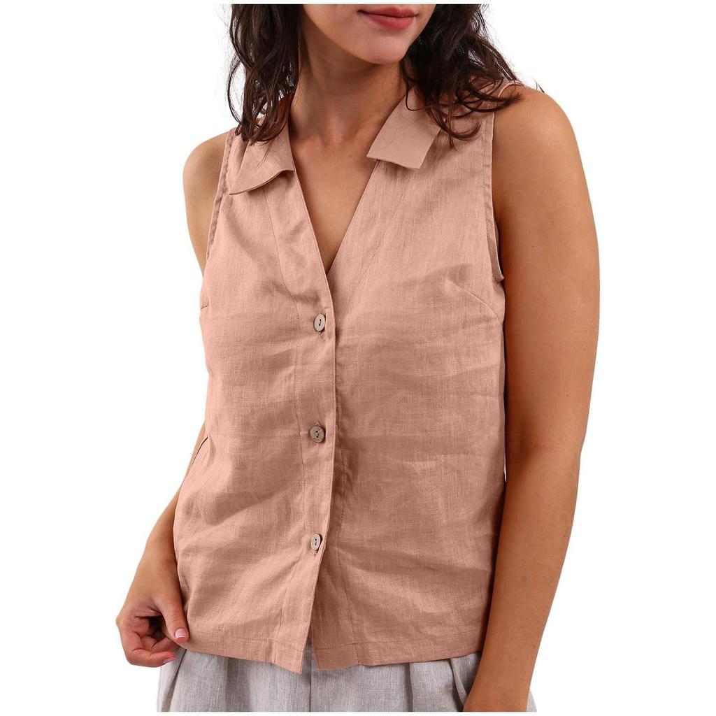 Women's Fashion Loose Solid Color Cotton And Linen Buttoned Lapel Vest Casual Shirt Top
