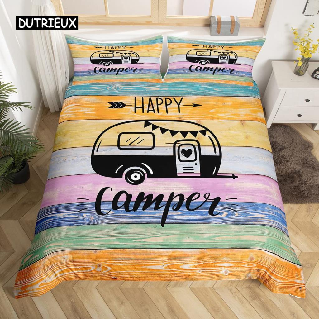 Пододеяльник в деревенском стиле с рисунком в виде эскиза, наволочка из полиэстера с рисунком Happy Camper, наволочка для пододеяльника в стиле старого амбара