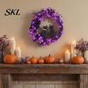 Black Cat Wreath with Lights Halloween Floral Garland, String Lights, Silhouette Romantic Decor Wreath, for Front Door Indoor Outdoor Wall Spooky And