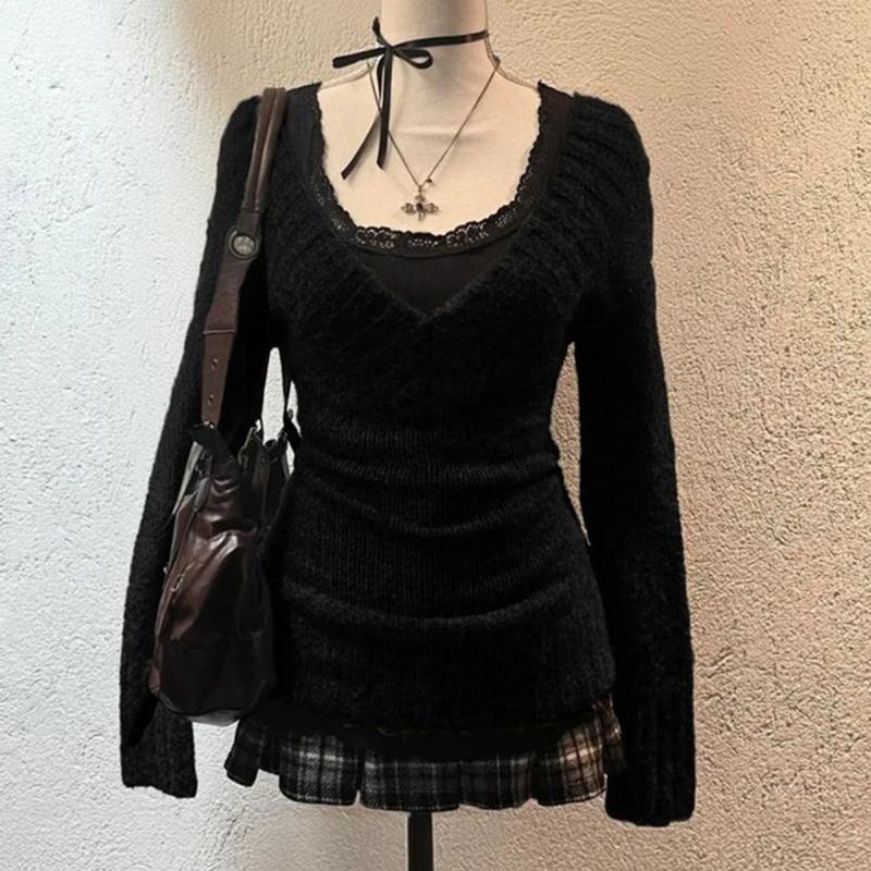 Fashion Aesthetics Women's Fall Winter Sweater Sexy Slim Fit Chic V-neck Long-sleeved Pullover Harajuku Streetwear