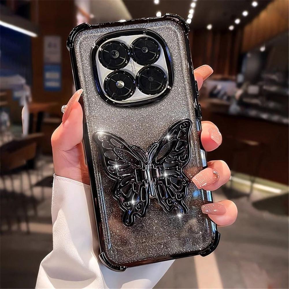 Butterfly Bracket Phone Case For Xiaomi 14T Pro 13T 12T 11 Lite 5G NE 15 Ultra 12X Glitter Shockproof Soft Silicone Stand Cover