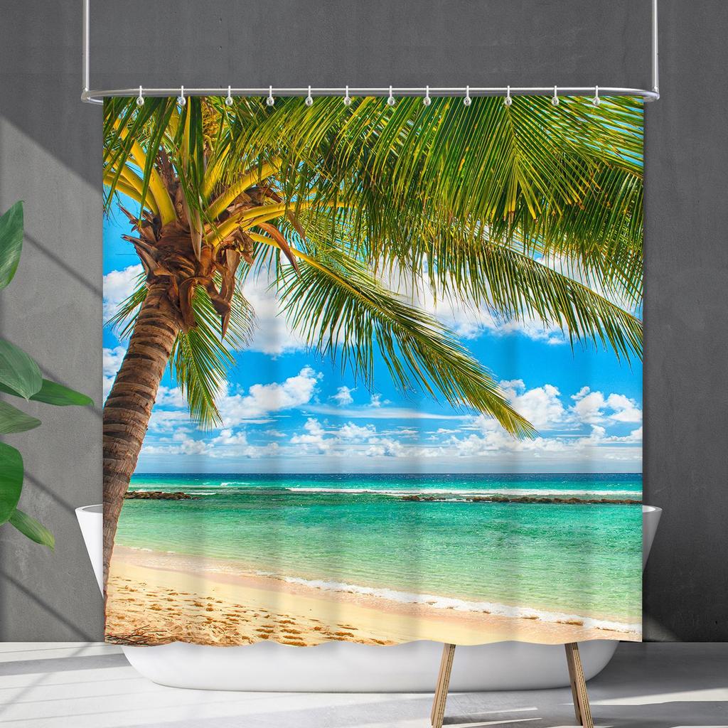 Shower Curtain Waterproof And Mildew-Proof Coconut Tree Beach Beach Bathroom Shower Curtain Shower Curtain Partition Curtain Free Punching