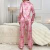 Women's Soft Satin Pajamas Set Autumn Long Sleeve Lapel Collar Tops Pants Sleepwear Loungewear 2 Piece Home Clothes Suit