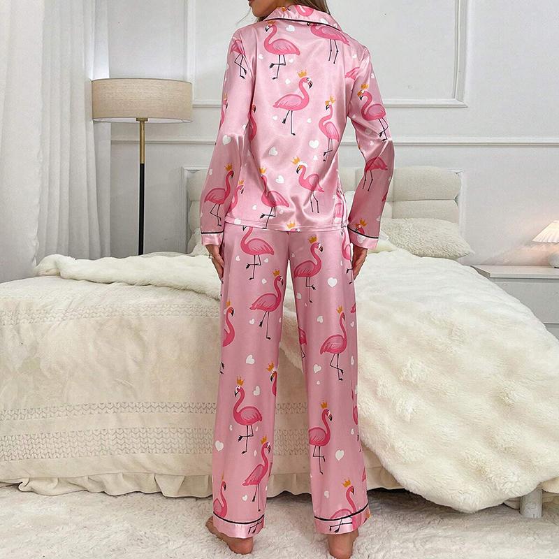Women's Soft Satin Pajamas Set Autumn Long Sleeve Lapel Collar Tops Pants Sleepwear Loungewear 2 Piece Home Clothes Suit