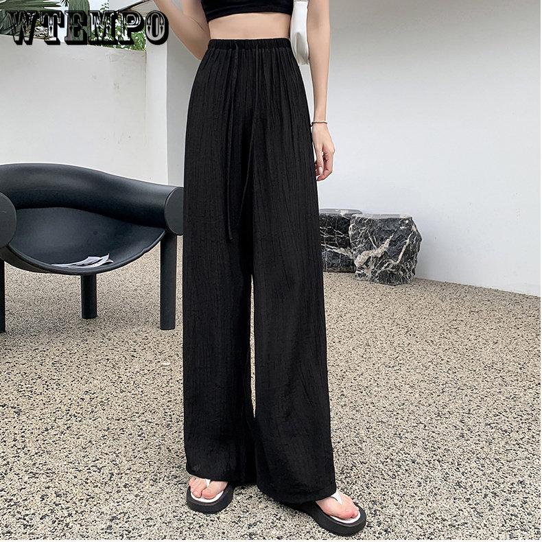 Pleated Ice Silk Wide Leg Pants for Women's Summer High Waisted Draped Cool Pants Straight Tube Loose Casual Pants