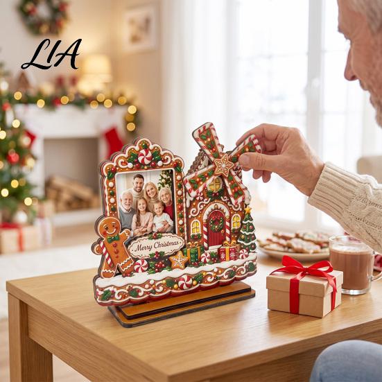Holiday Party Ornament 2D Gingerbread House Wooden Photo Frame, Spinning Windmill Christmas Picture Decorative Frame Desktop Holder for Home Fireplace