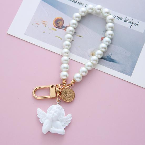 Keychain Pendant Faux Pearl Luxury Angel Letter Round Tag Stainless Alloy Exquisite Anti-lost Shoulder Bag Schoolbag Decoration Pendant Key Holder