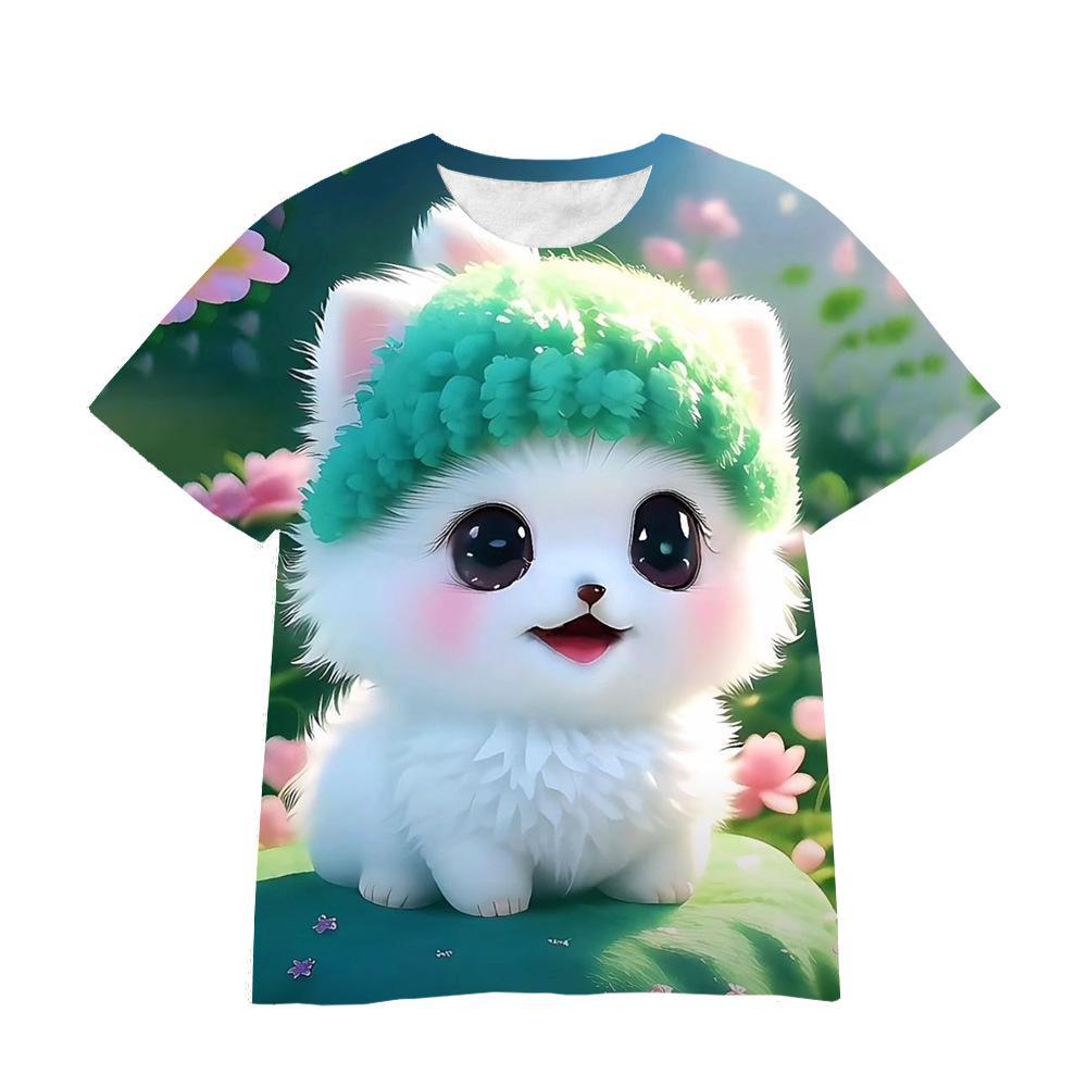 Summer Round Neck 3D Cartoon Furry Animal Print Top Fashionable Casual Short Sleeved Children's Boy and Girl Universal T-shirts
