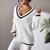 Women's Clothing, College Style, Women's Sweaters, Contrasting Colors, V-neck Loose Sweaters, Casual and Lazy Style, Versatile Women's Clothing