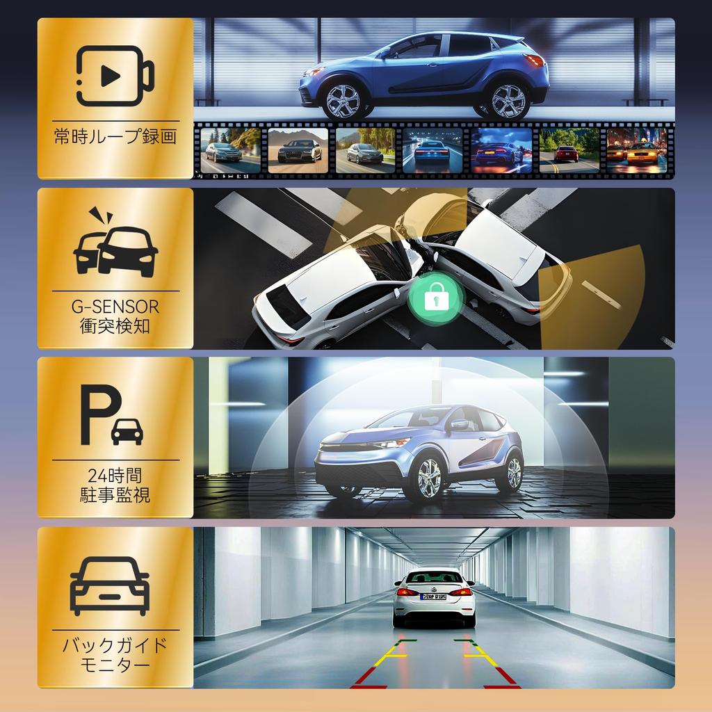 CARKUMI P12 4K Dash Cam with CarPlay Android Wide Angle Adjustable Guideline Parking Automatic Emergency Split Waterproof Rear Digital Inner Japanese