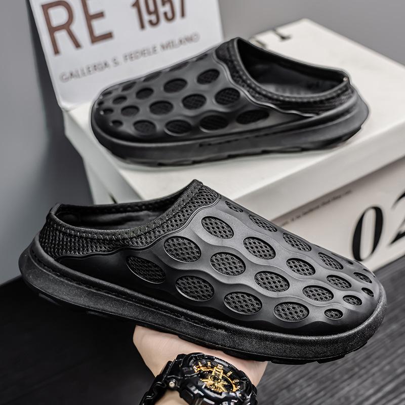 Сетчатые туфли мужские новые летние домашние туфли полуоблегающие одинарные туфли с мешковиной на голове пляжные туфли с отверстиями классные тапочки