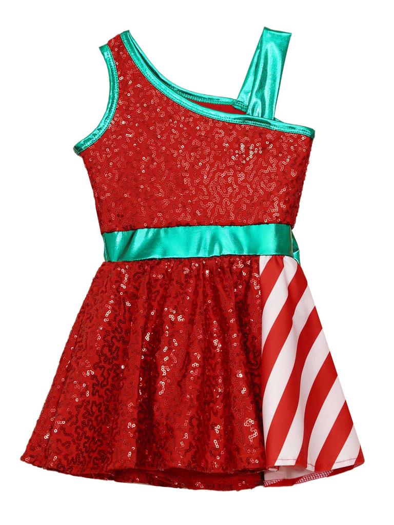 Kids Girls Sequins Christmas Dress Xmas New Year Dress Big Bow Stripe Stage Performance Santa Clause Party Dancewear
