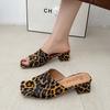 2025 New Summer New Square Toe High-heeled Slippers Womens Outside Wear Leopard Print Casual Slides Fashion Chunky Heel Sandals