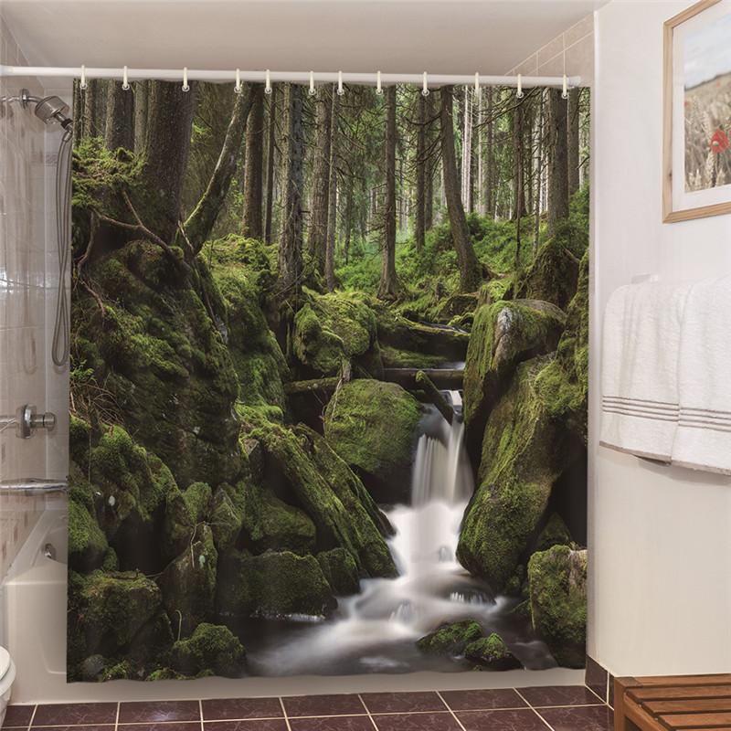 Misty Forest Nordic Style Shower Curtains Set With Hooks Waterproof Green Natural Landscape Home Decoration Bathroom Curtain New