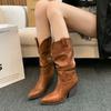 Туфли до середины голени женские коричневые высокие каблуки полусапожки женские панк вестерн острый нос кожа элегантный каблук весна осень новый рок