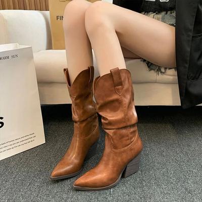 Модные туфли до середины голени женские коричневые высокие каблуки полусапожки женские панк вестерн острый нос кожа элегантный каблук весна осень новый рок в