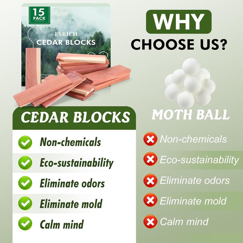 ESRICH Cedar Blocks for Clothes Storage,15 Pack with Metal Hooks,100% Natura Cedars Wood for Closets,Cedars Planks with Sandpaper,Cedar Chips for