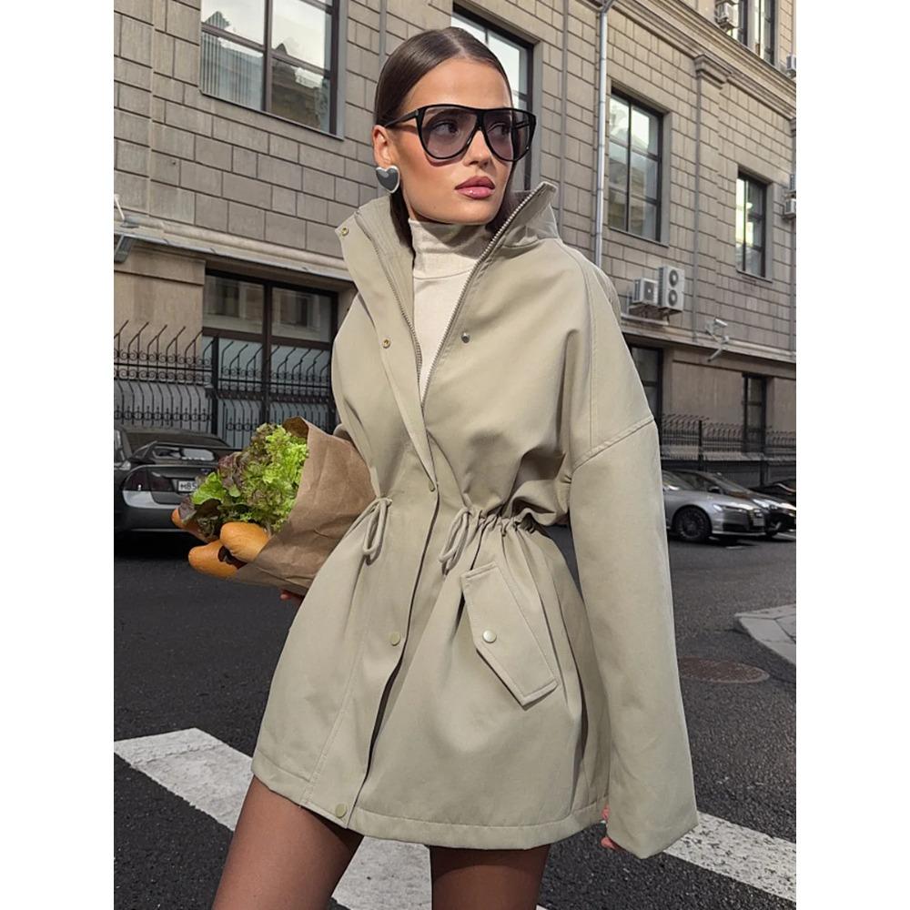 Женский Тренч Средней Длины с Воротником-стойкой, Пояс на Шнурке, Осенне-Зимние Пальто, Хлопковая Верхняя Одежда