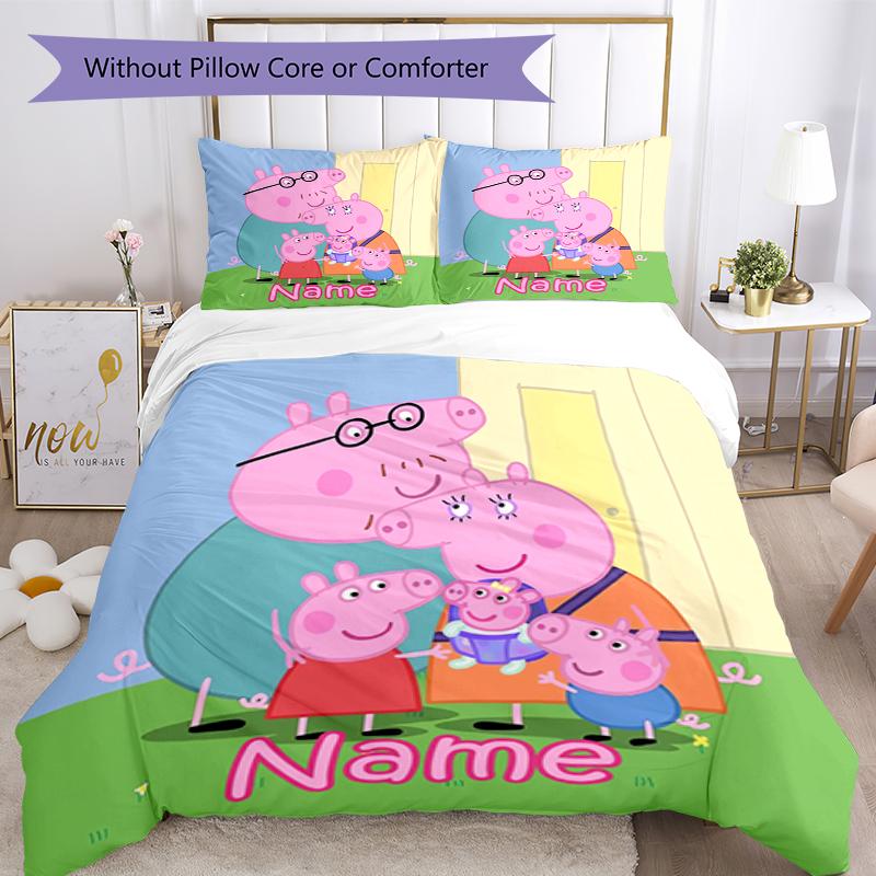 3pcs Custom Name Peppa Pig Bedding Set Duvet Cover Closure Includes 1 Duvet Cover & 2 Pillowcases, Soft and Comfortable for All Seasons.