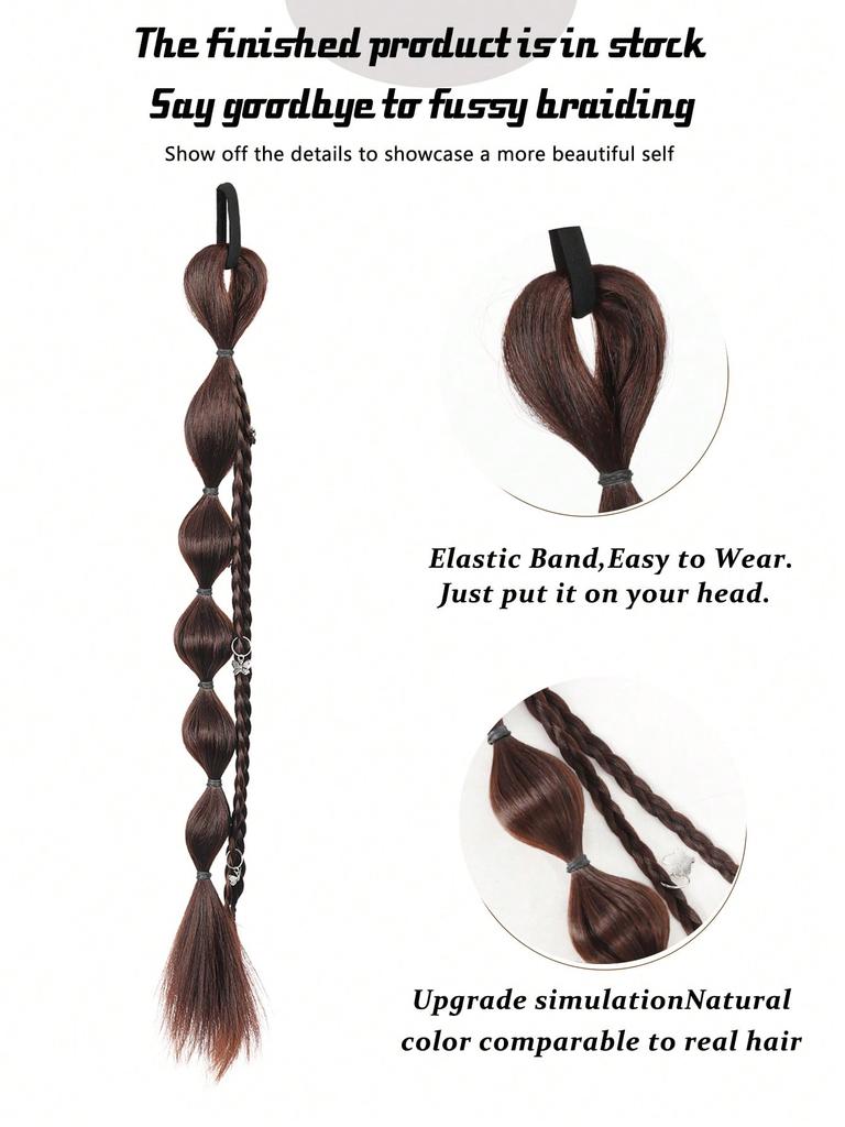 Synthetic Long Straight Hair Natural Bubble Braid Plait Ponytail Wig With Rubber Band Natural Fashion