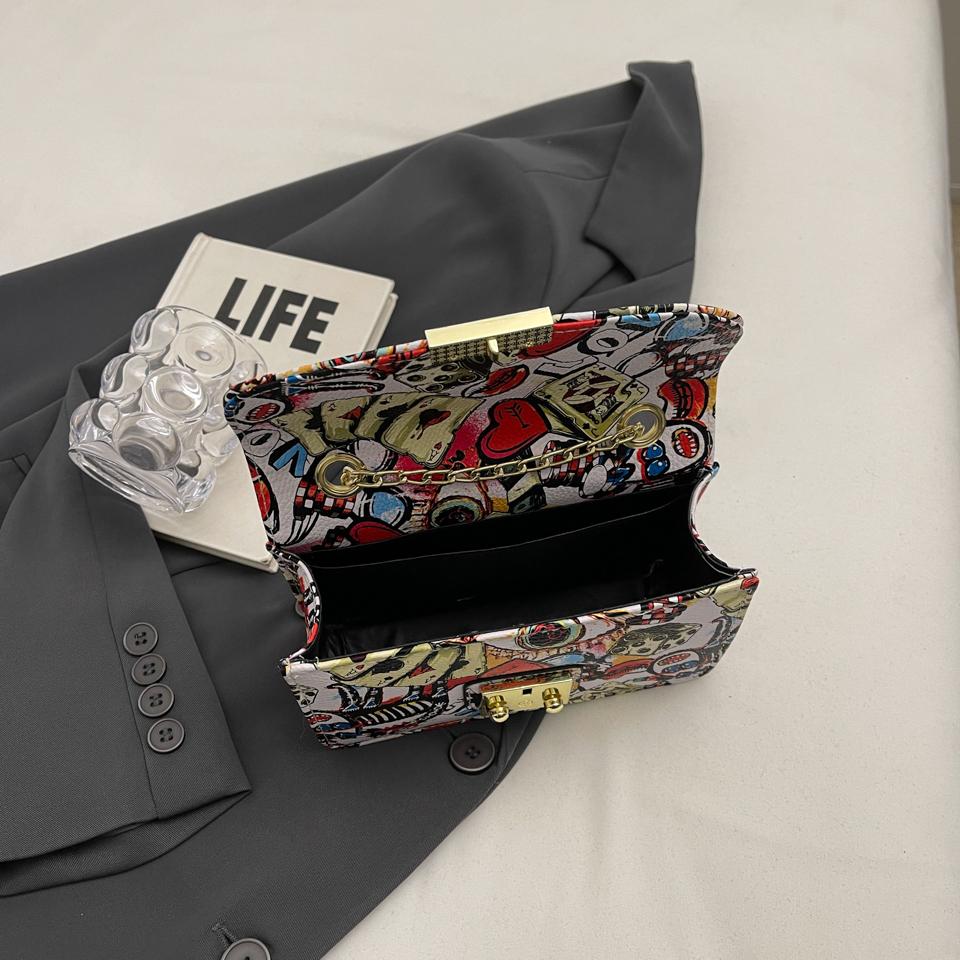 Женская мода Граффити Маленькая сумка 2024 Лето Дамы Клапан Телефон Вечерний Клатч Кошелек Сумки Через Плечо Для Женщин Цепи Сумки На Плечо