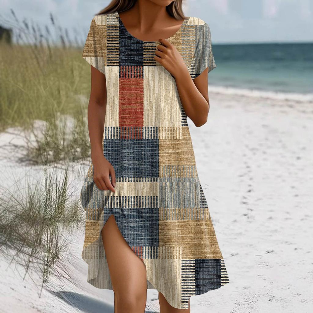 Short Sleeve Boho Dress For Women Casual Loose Fit Summer Sundress Floral Print Dress With Pockets