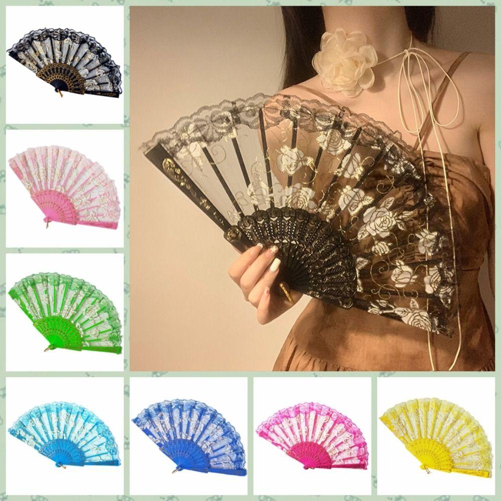 Home Decoration Handheld Ladies Lace Hand Fan Plastic Handle Rose Pattern Folding Fan Translucent Spanish Fan Dance Prop