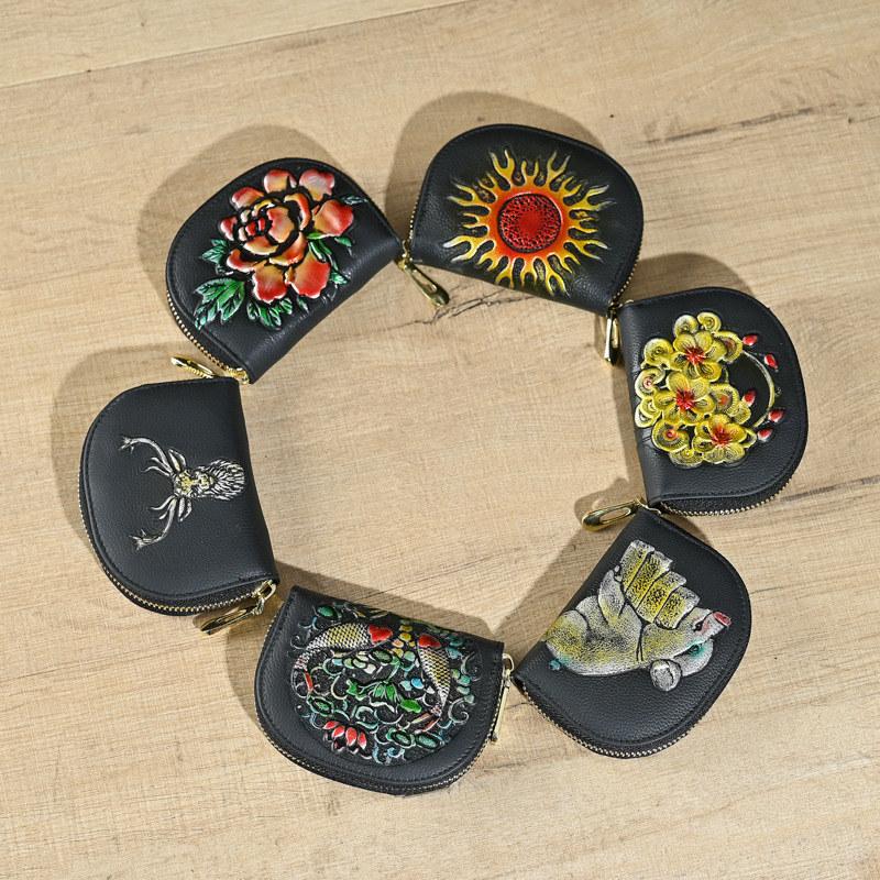 Vintage Design Embossing Card Holder Genuine Leather Zipper Coin Purse for Women Ladies Money Bags GZW