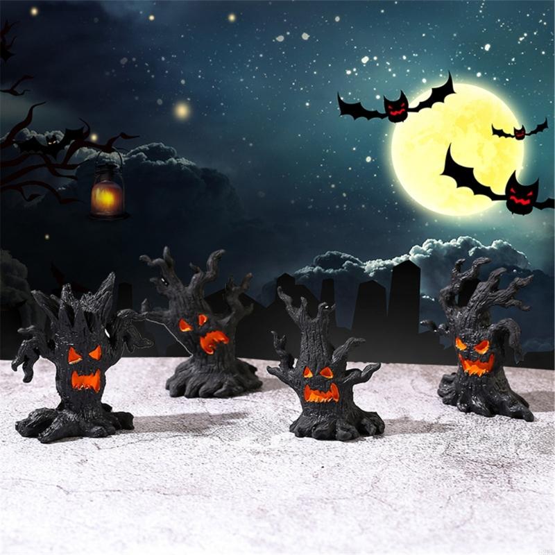 62KD 4Pcs Horror Tree Ghostly Halloween Miniature Resins Ornaments for Home Decors