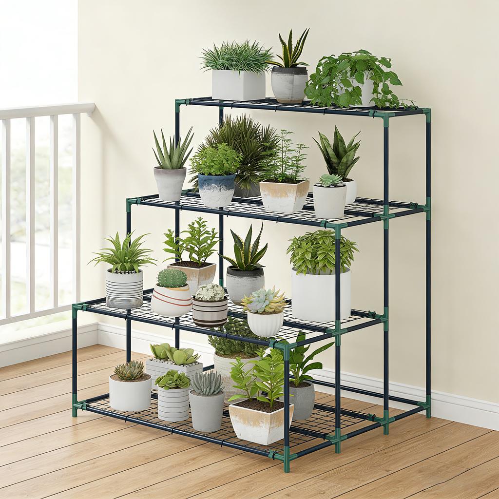 4-Tier Plant Stand, 110 cm High Flower Stand with 24 Clips, Plant Shelf Made of Steel Dark Green