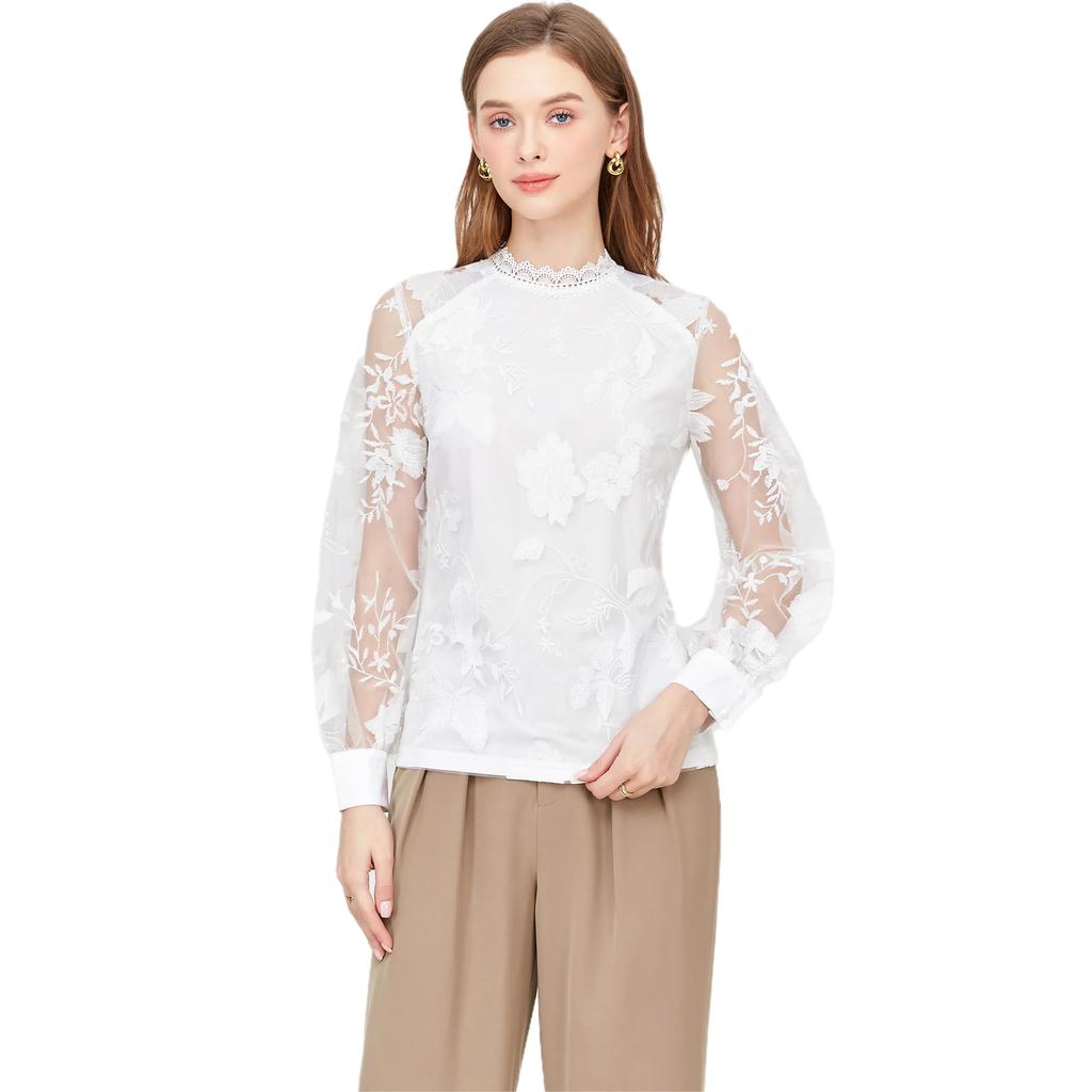 VOZZA Lace Long Sleeve Top with Embroidered Puff Sheer Floral Band Perfect for and Parties Women's See-Through Blouse/Shirt, Sleeves, Print, Stand-Up
