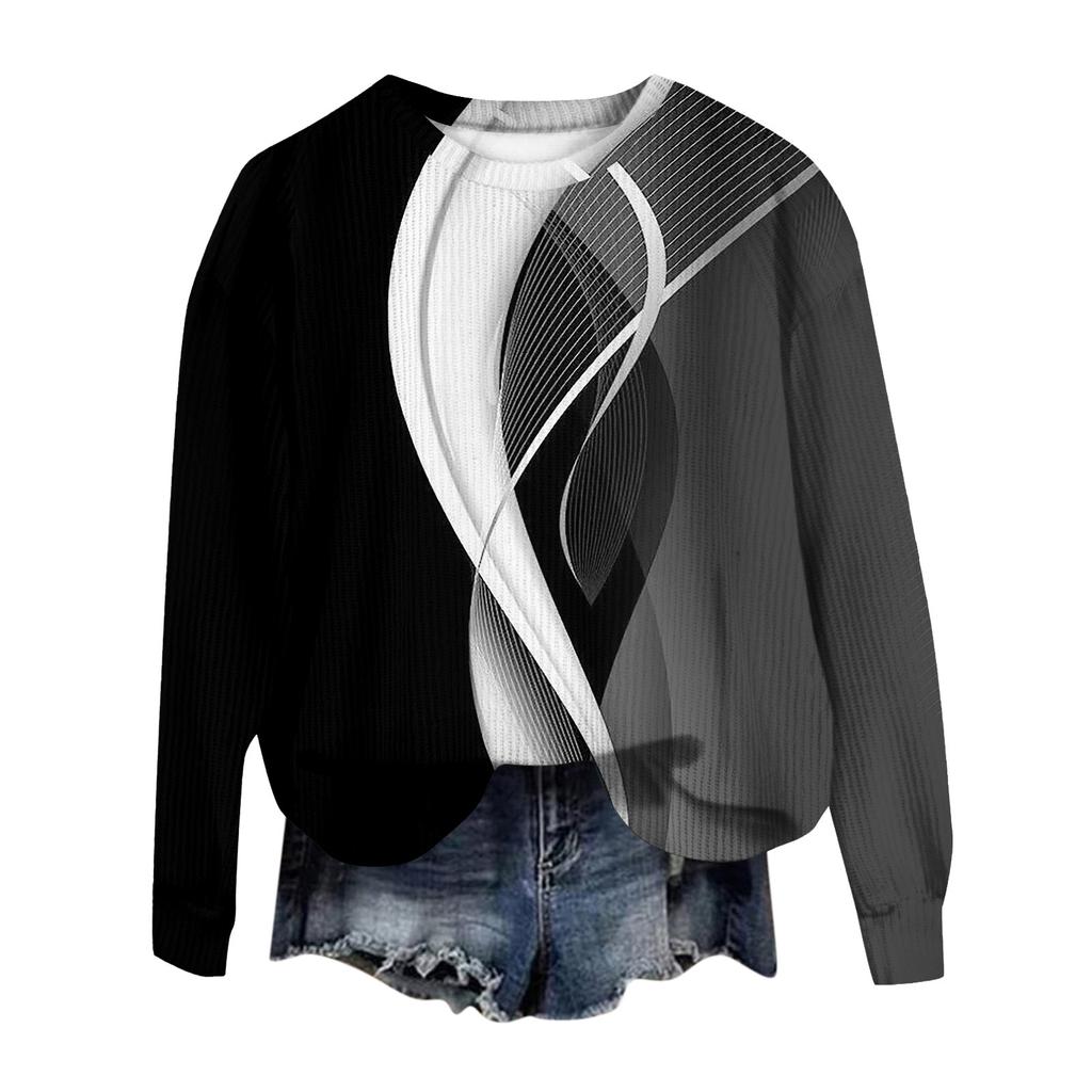 Women's Fashion Casual Long Sleeve Printed Round Neck Woolen Knit Pullover Top