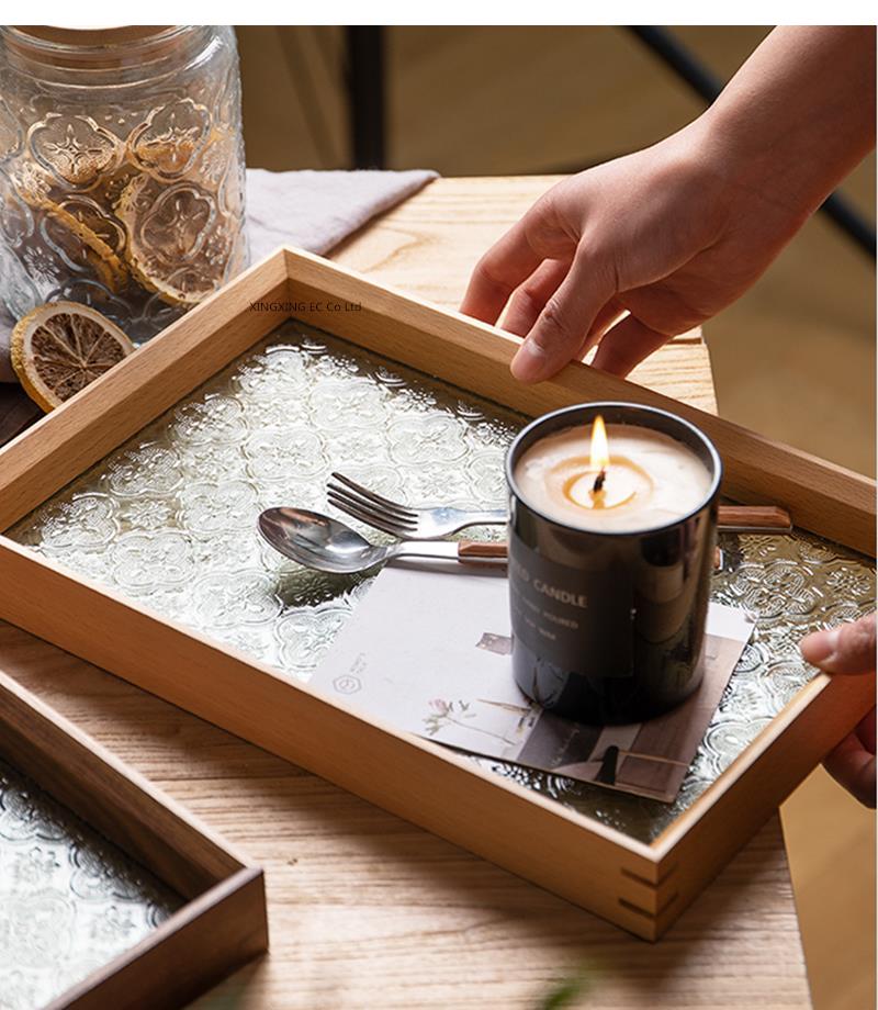 Japanese Style Rectangular Wooden Tray, Light Luxury Glass Home Decoration Storage Living Room Coffee Table Tray