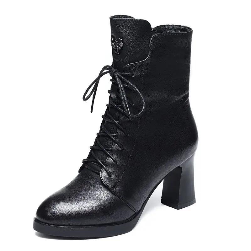 Модные туфли до середины голени женские кожаные туфли с круглым носком на шнуровке черные туфли на высоком каблуке элегантные туфли на каблуке со шнуровкой женские полусапожки по акции Y2k Hot