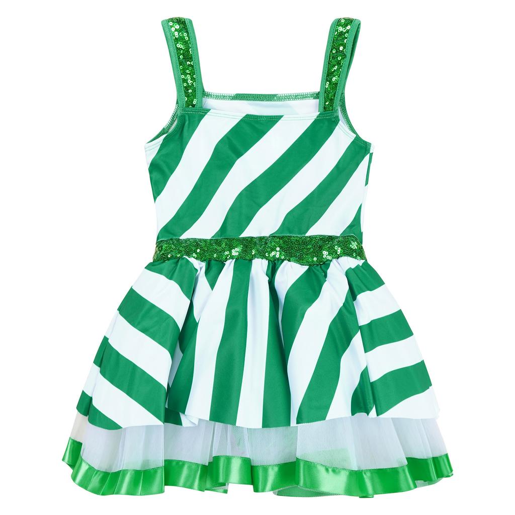 Girls Christmas Dance Costume Sleeveless Shiny Sequins Striped Figure Ice Skating Roller Skating Leotard Dress