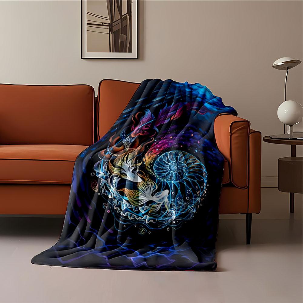 Swirling aquatic scene with nautilus shell, fish, and vibrant colors. for all seasons blanket lunch break throw gift