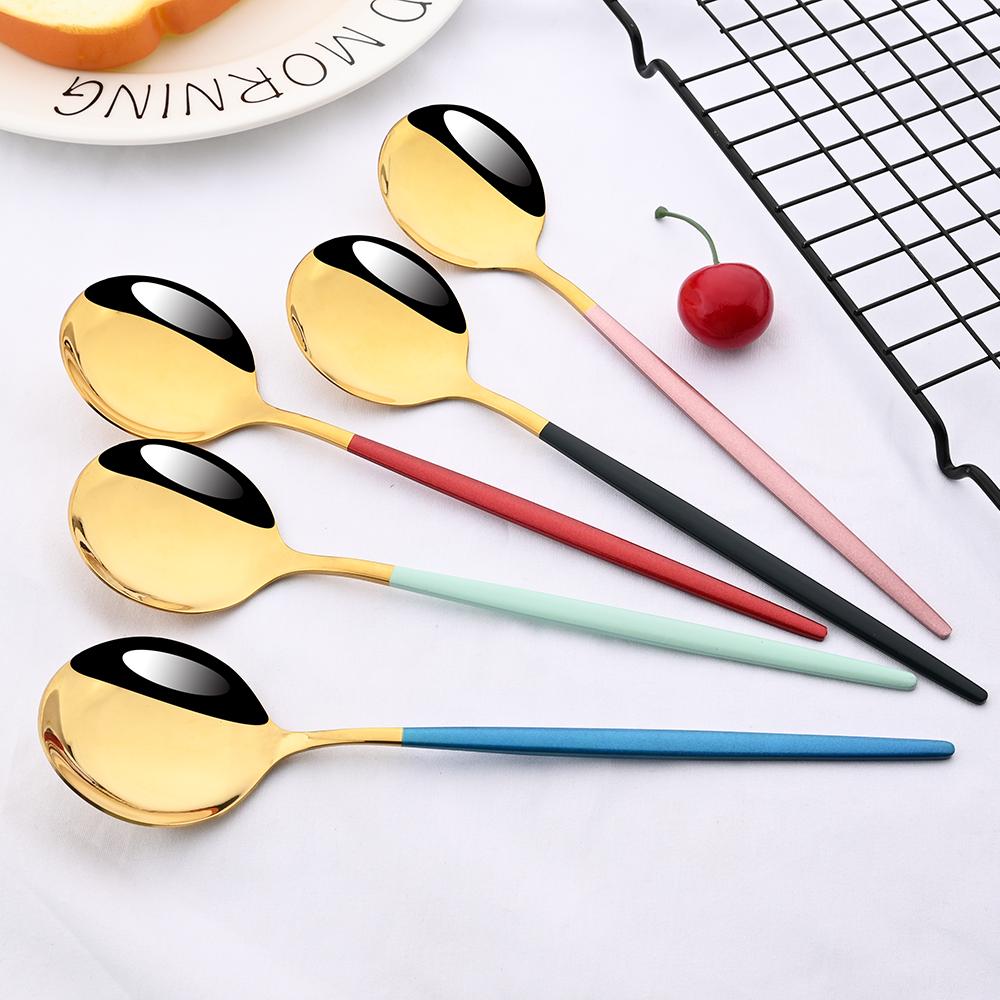 6Pcs Colorful Mirror Dinnerware Dessert Spoon Stainless Steel Gold Coffee Scoops Ice Cream Spoon Kitchen Flatware Cutlery Set