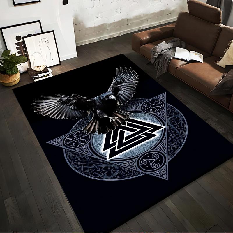 Raven with Norse Symbols Rug Non-slip rug suitable for living room and bedroom sofas
