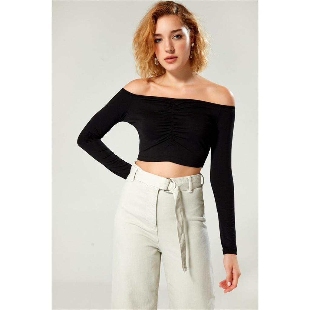 On Shoulder Gathered Front Black Blouse | On Shoulder Viscose Fabric Summer Black Blouse for Women | Lycra Viscose Fabric Blouse