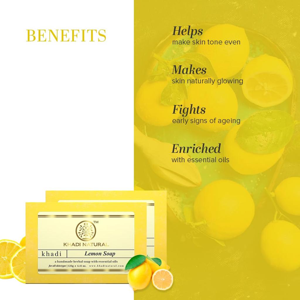Khadi Natural Herbal Lemon Soap Bar For Refreshing Clean Feel Gentle Daily Bath Bar Helps Remove Dirt And Leaves Skin Soft 125 g X Pack Of 2