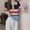 Женская трикотажная футболка с воротником поло в полоску - контрастный цвет, короткий рукав, облегающий крой, стильный, омолаживающий, универсальный летний топ